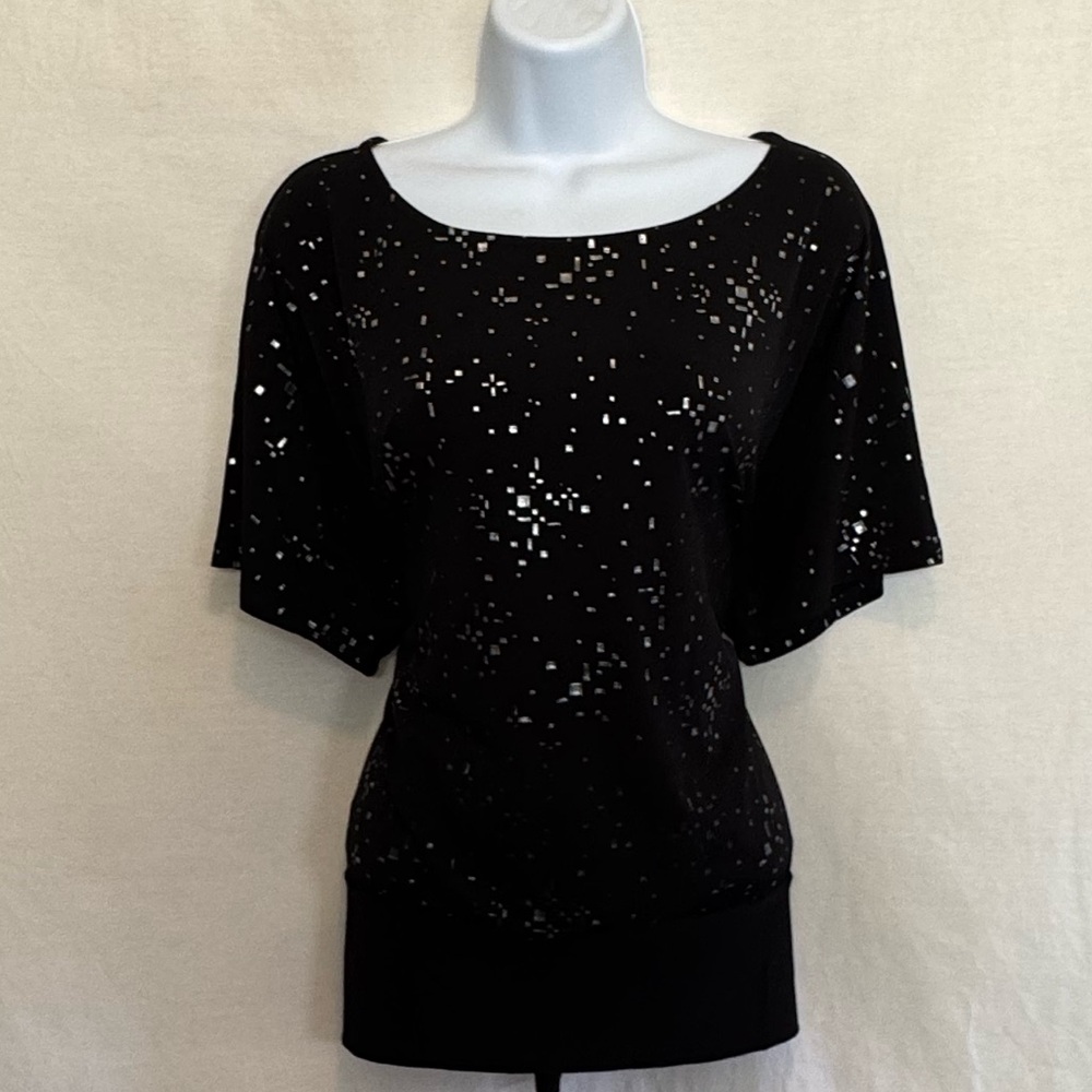 E-10 Cato Black & Silver Short Sleeve Pullover Blouse Size S